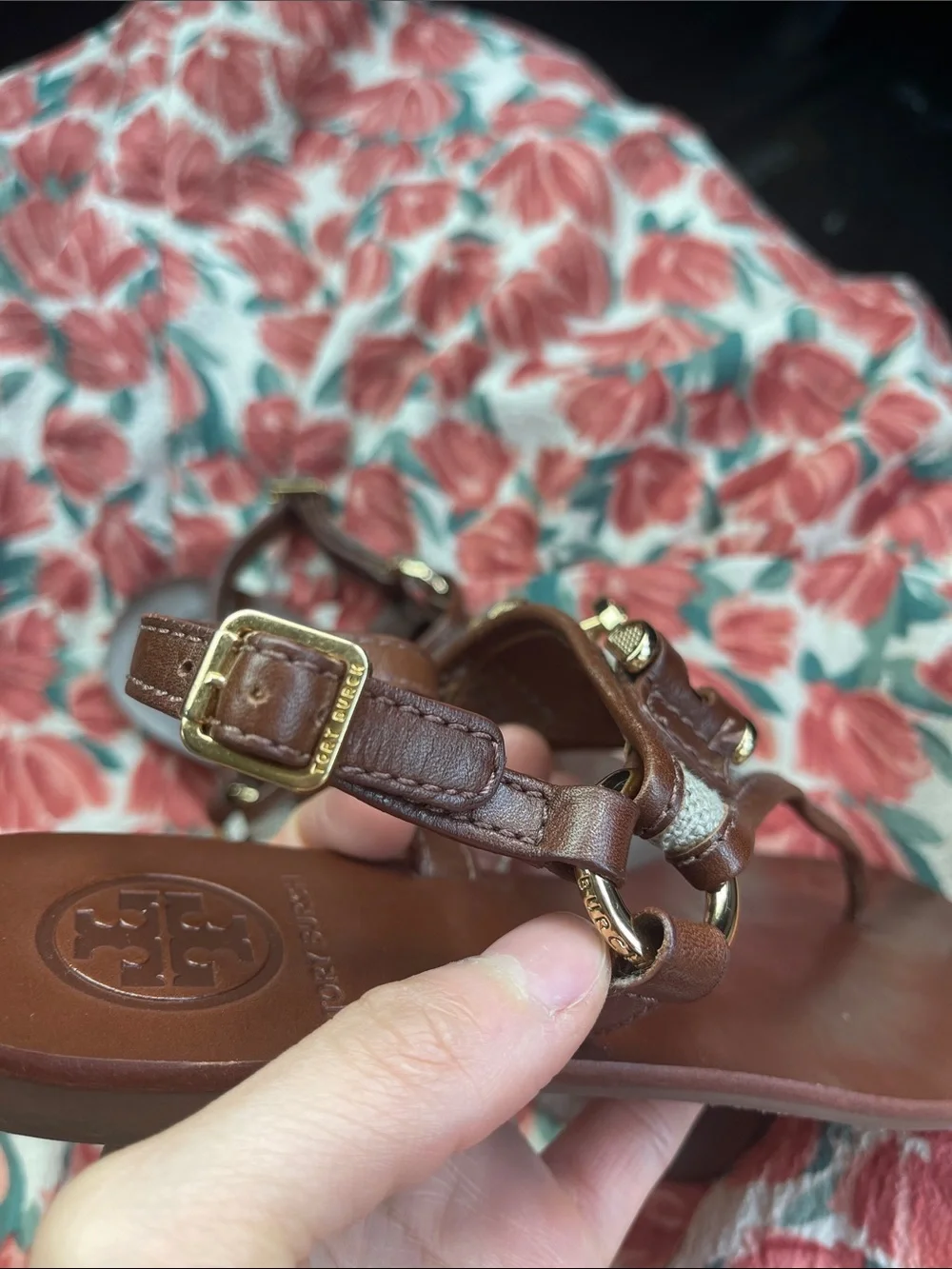 Tory Burch Brown Leather & Beige Canvas Logo Thong Sandals